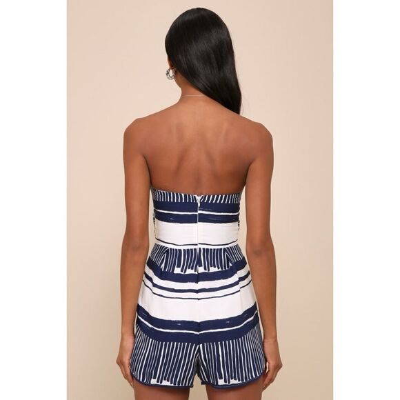 Lulus Delphi Blue and White Striped Tie-Front Strapless Romper, Size Small - Picture 2 of 16